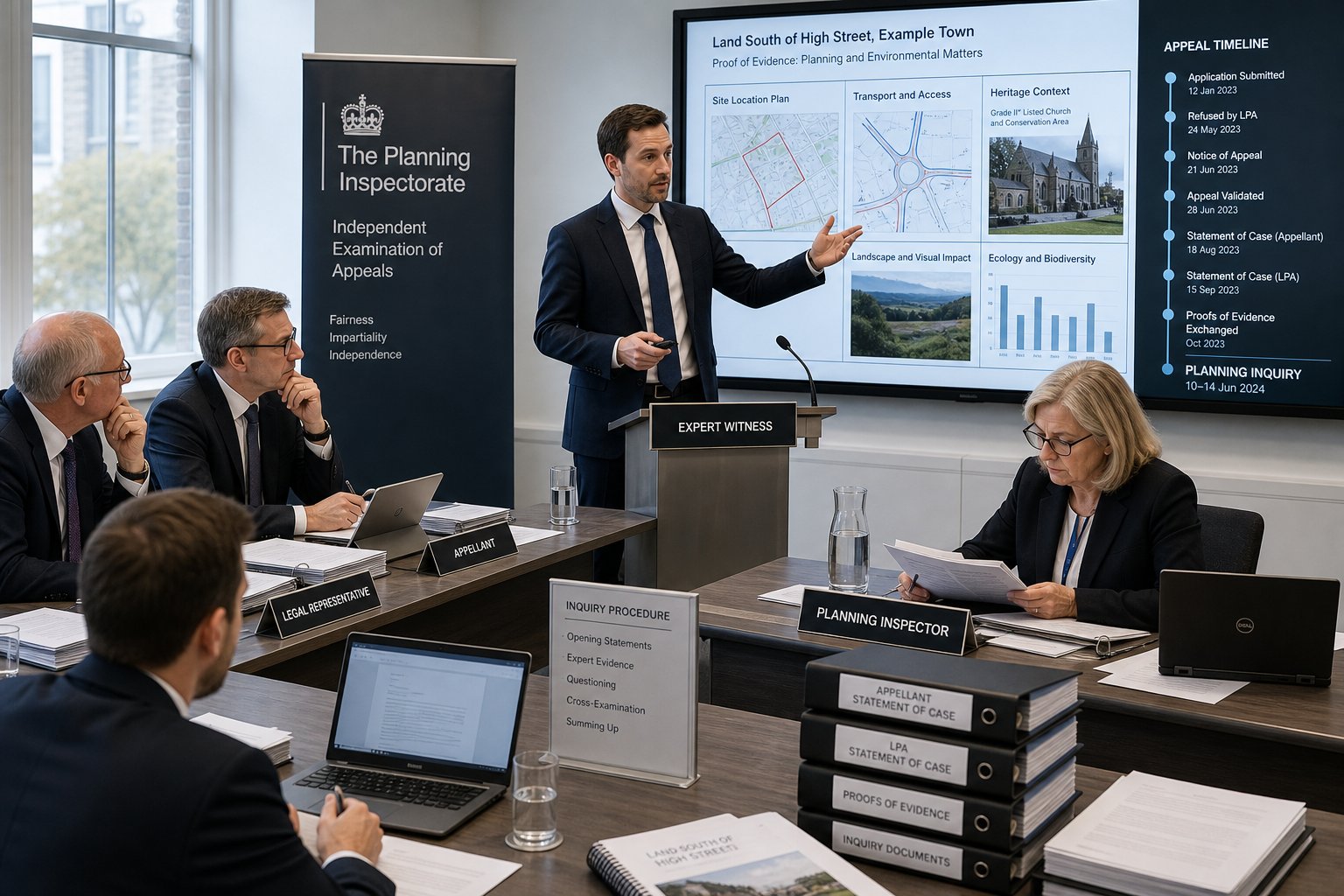 Expert witness giving evidence at a UK planning inquiry hearing.