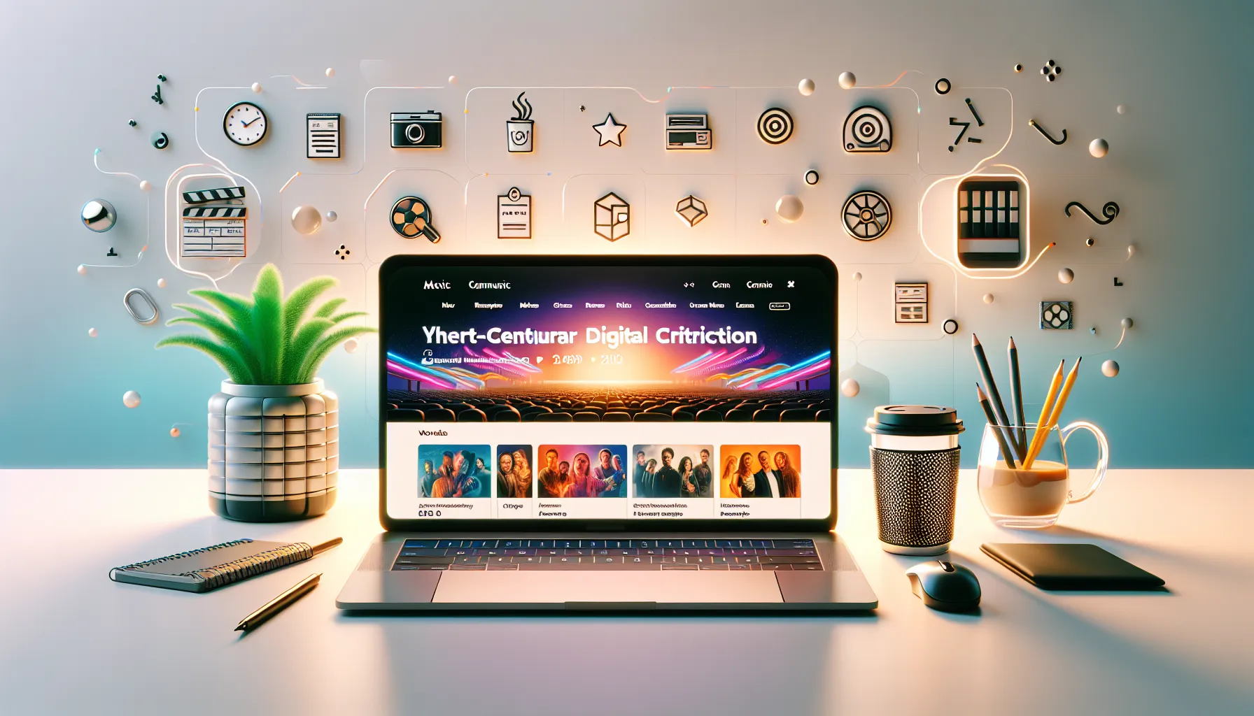 laptop displaying Film District.com in a modern workspace.