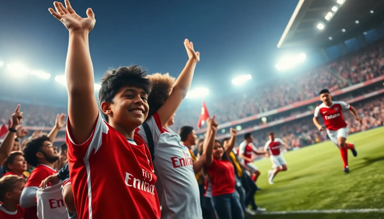 excited football fans cheering during a match in a packed stadium.