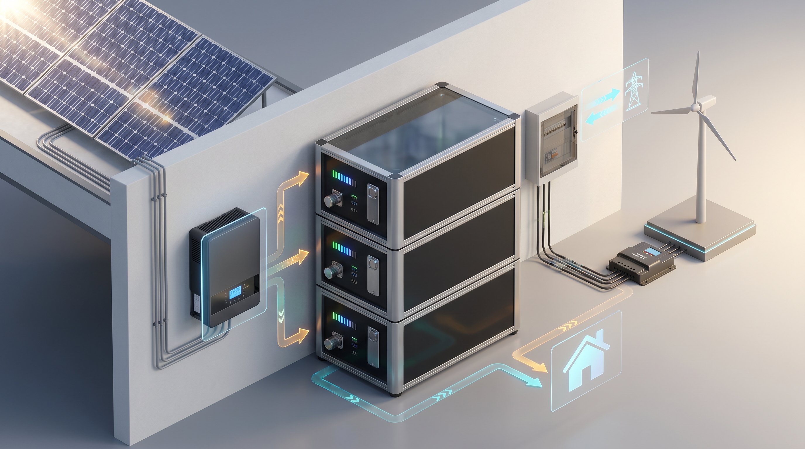 3D render of modular battery storage system integrated with solar panels and home energy infrastructure.