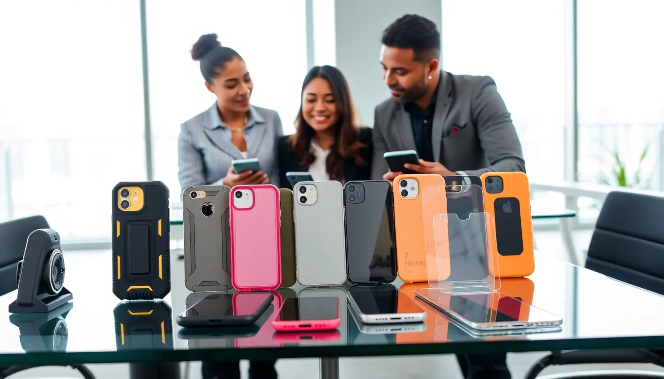 variety of phone gadgets on a modern office desk.