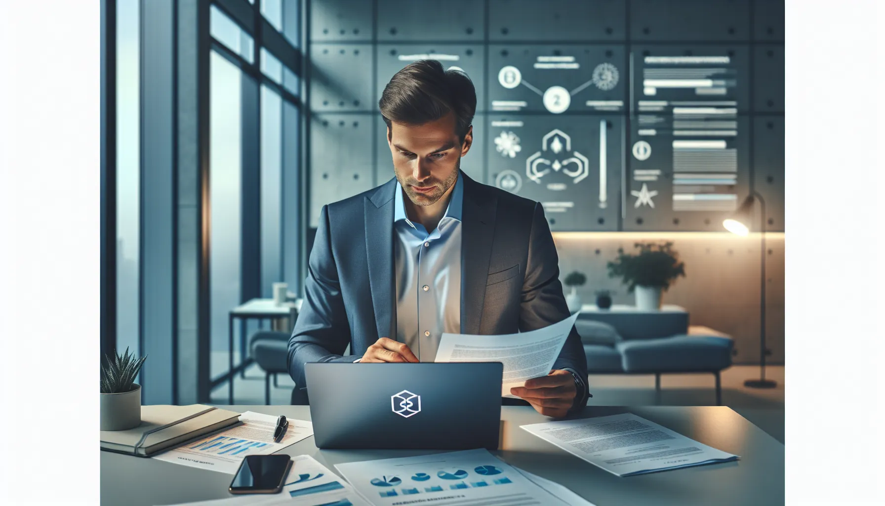 Professional reviewing RWE energy contract documents at modern office desk