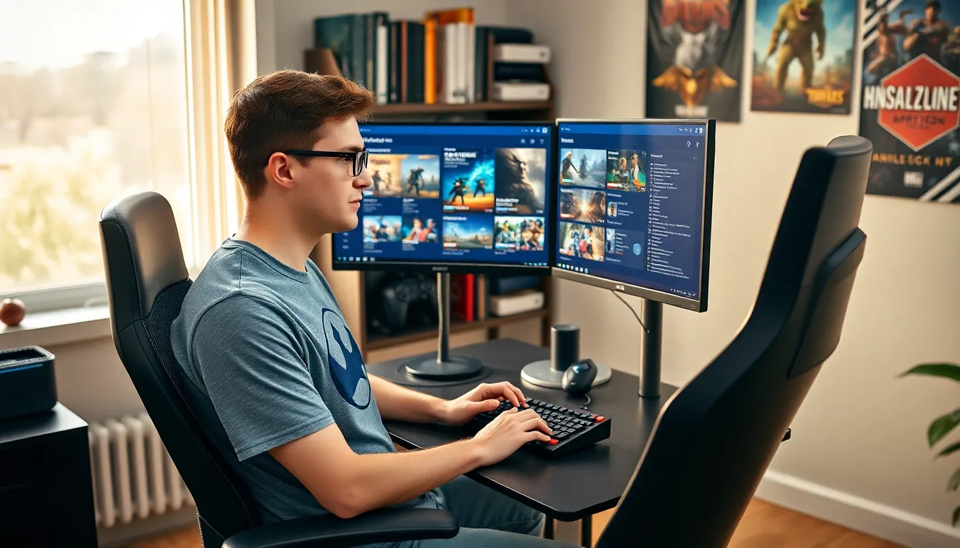 a gamer creating a guide on Ck2Generator in a modern home office.