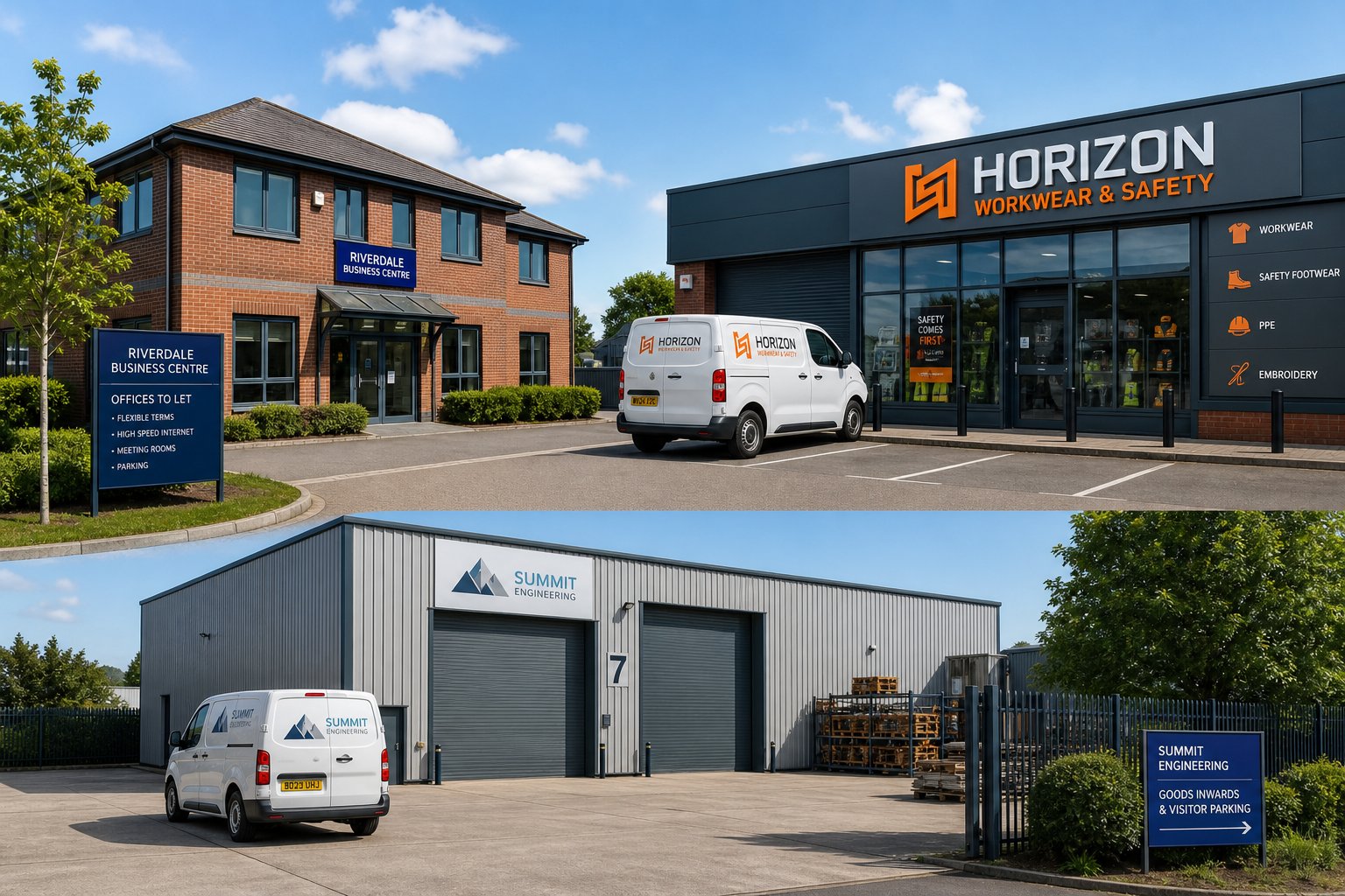 Office, retail, and industrial commercial properties shown together in a realistic local area setting.