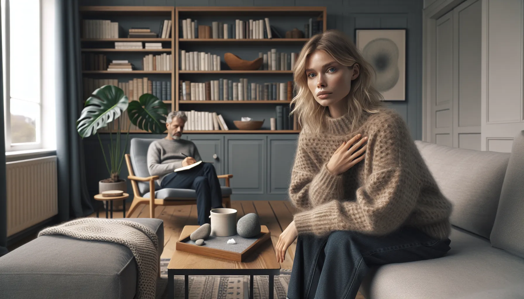 Norwegian woman in therapy room, distant gaze, grounding stone in hand.