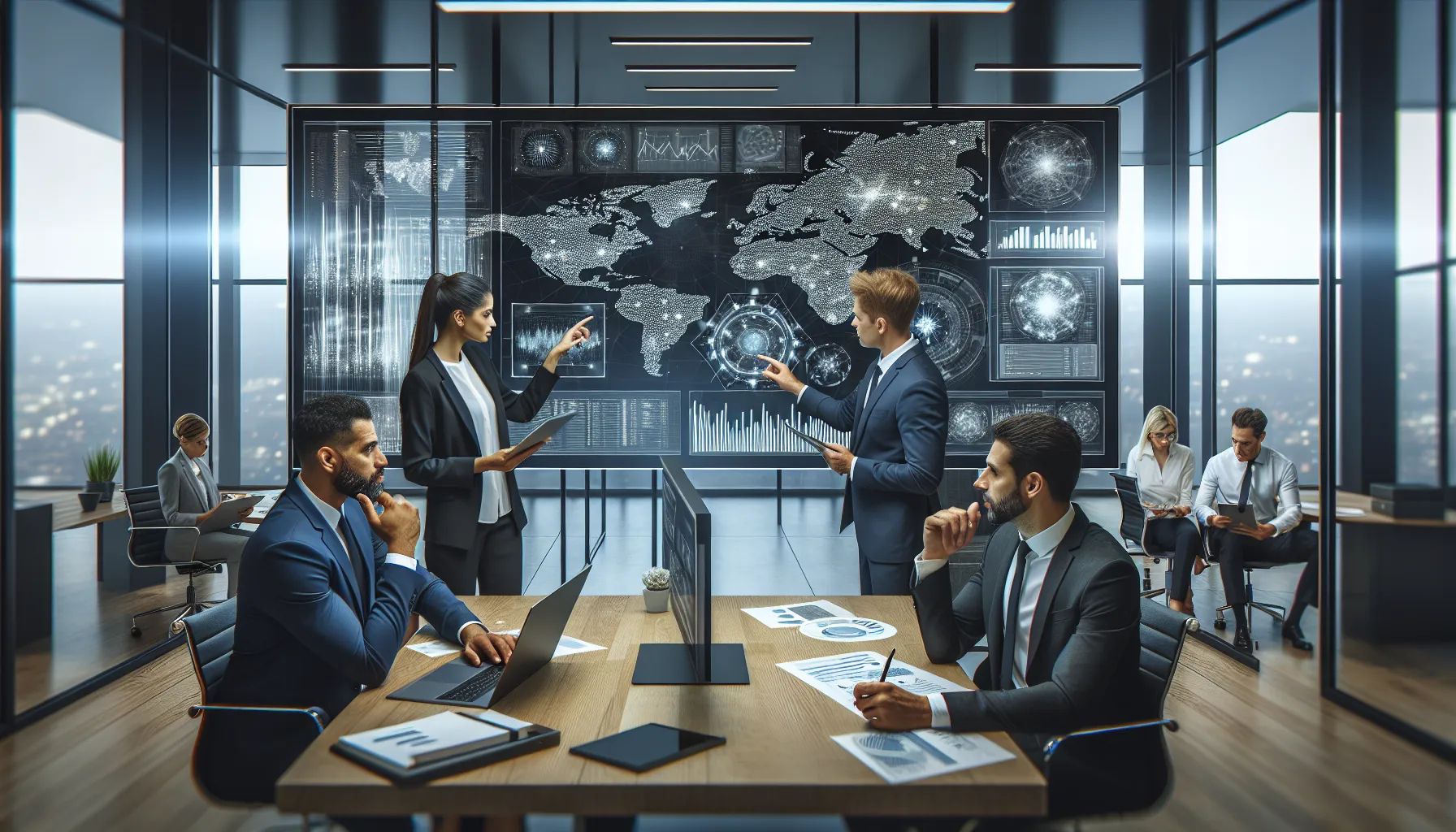 diverse team collaborating in a modern office on data algorithms.