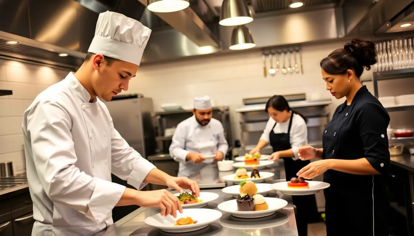 a diverse team of chefs in a modern kitchen setting.