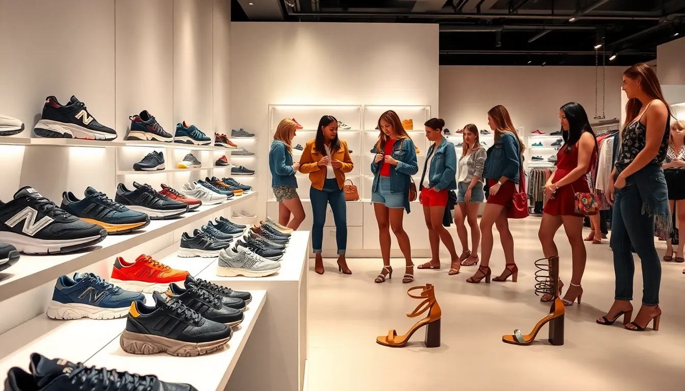 diverse shoppers trying on trendy shoes in a stylish boutique.