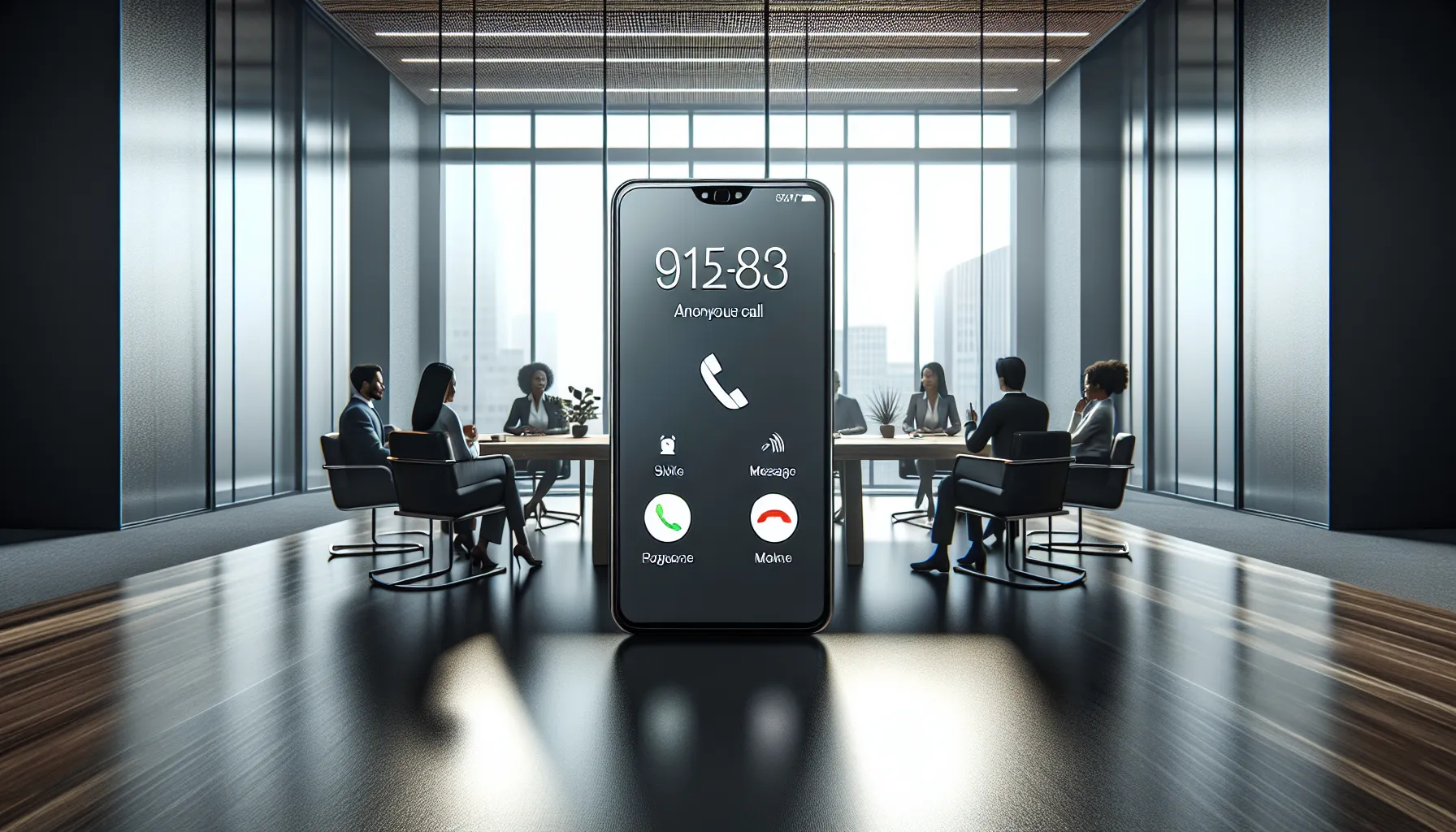 smartphone with unknown caller ID in a modern office setting.