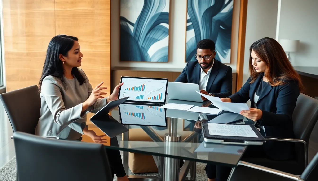 diverse team discussing fintech SEO strategies in a modern office.