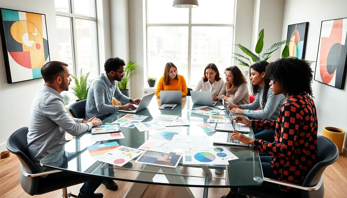 diverse team collaborating in a modern design workspace.