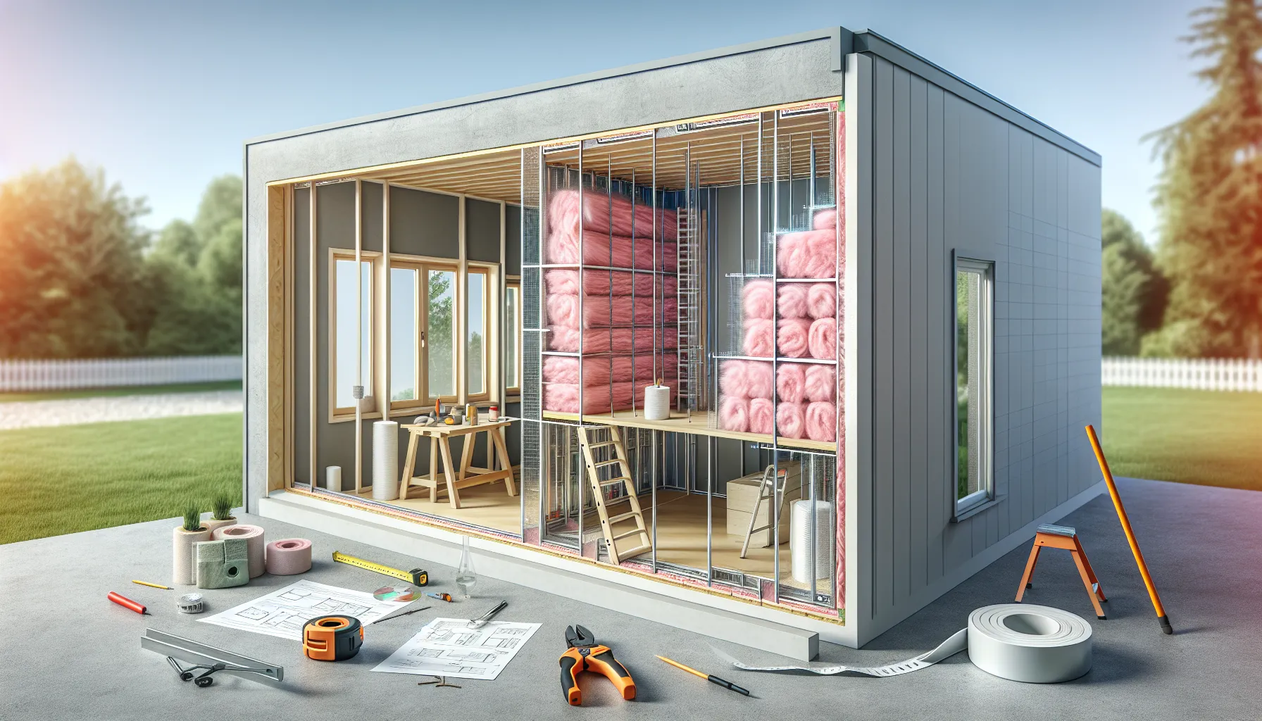 A wall cross-section showing installed R-13 fiberglass insulation.