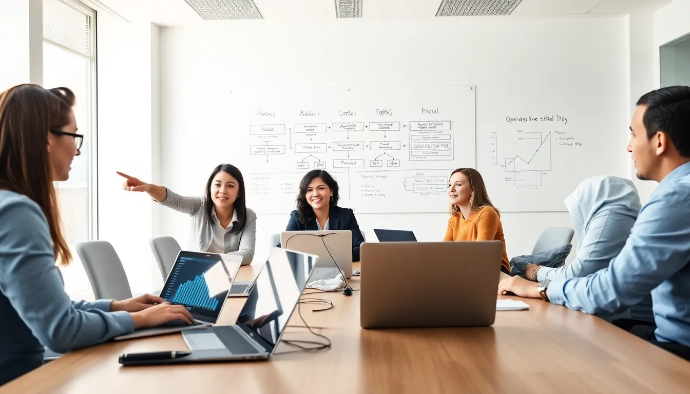 professionals discussing data management in a modern office.