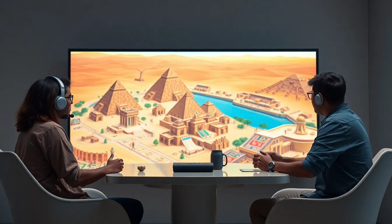 gamers exploring Ancient Egypt in a vibrant video game setting.