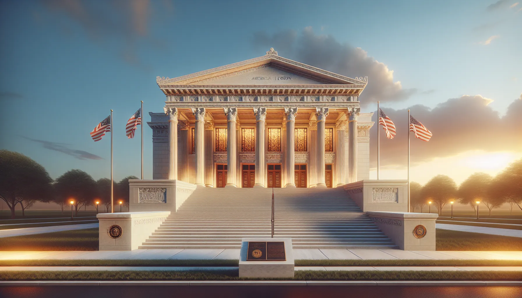 A historical hall with American Legion emblem and flags.