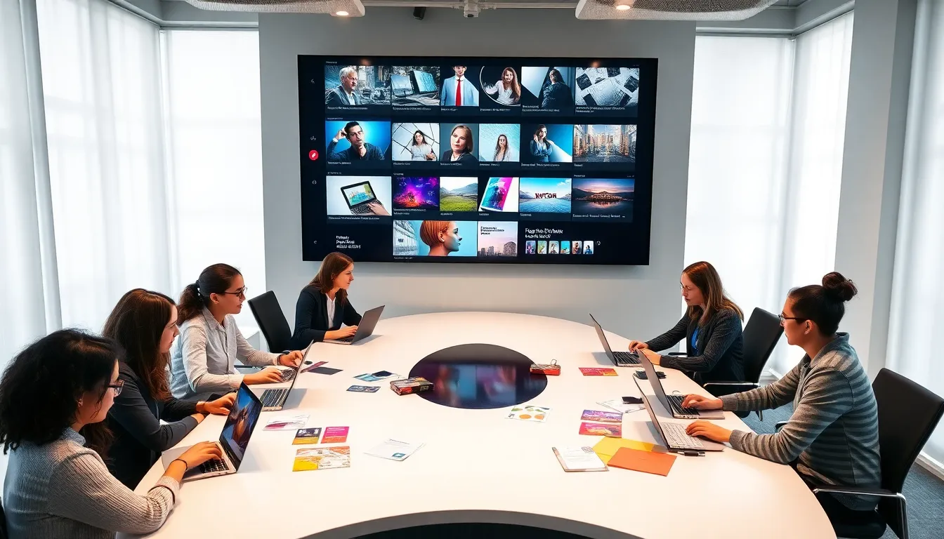 diverse team collaborating on interactive digital magazine content.