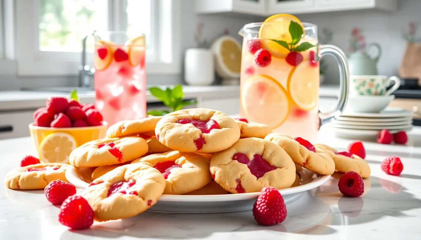 plate of raspberry lemonade cookies with lemonade and mint in a bright kitchen.