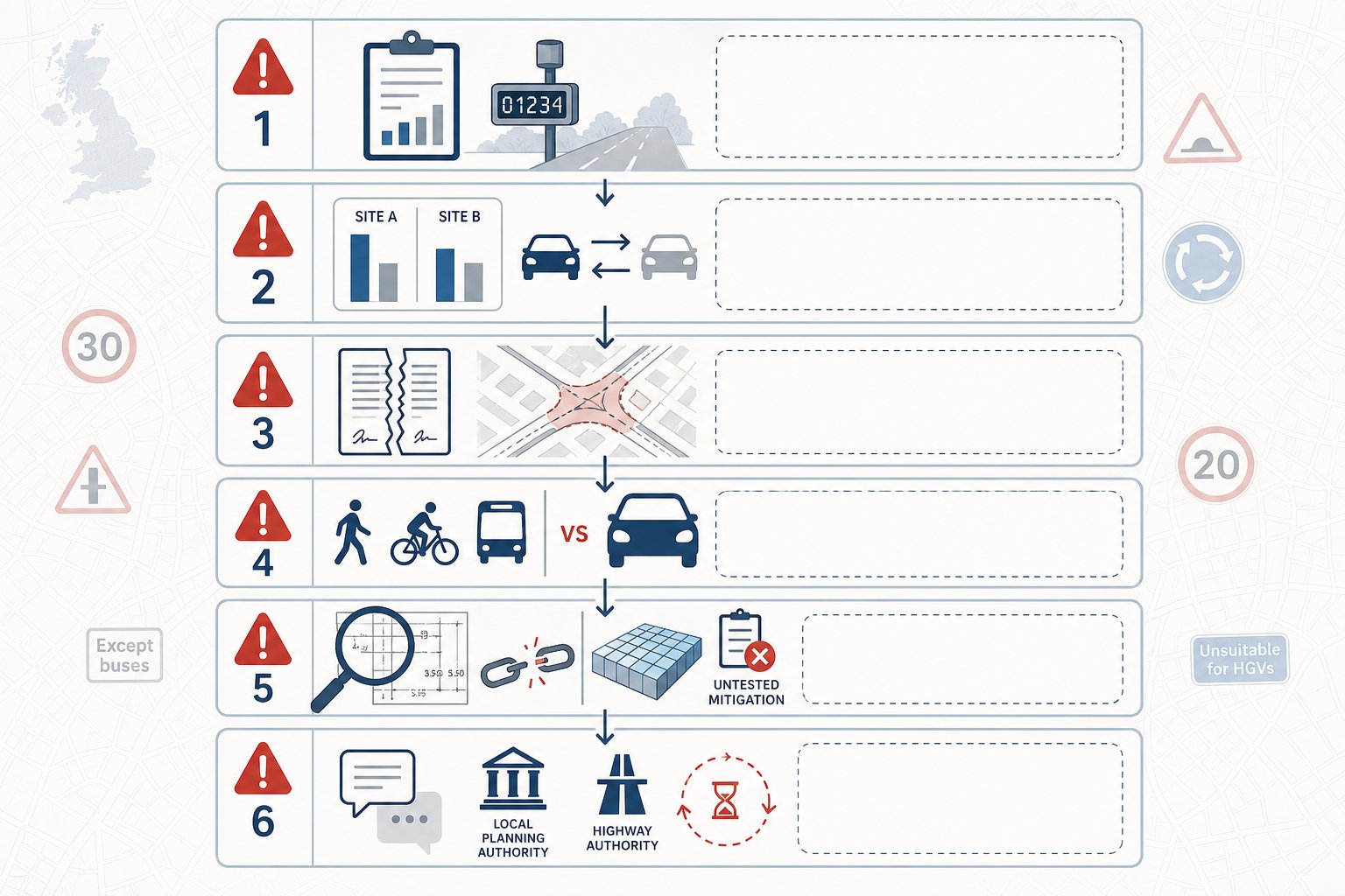 Infographic showing common transport issues that delay UK planning applications.