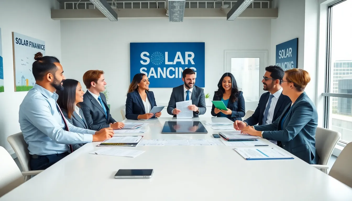 team discussing solar finance options in a modern office.