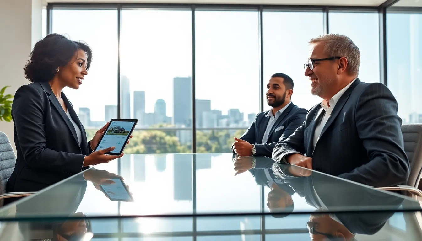 a diverse team discussing real estate in a bright office setting.