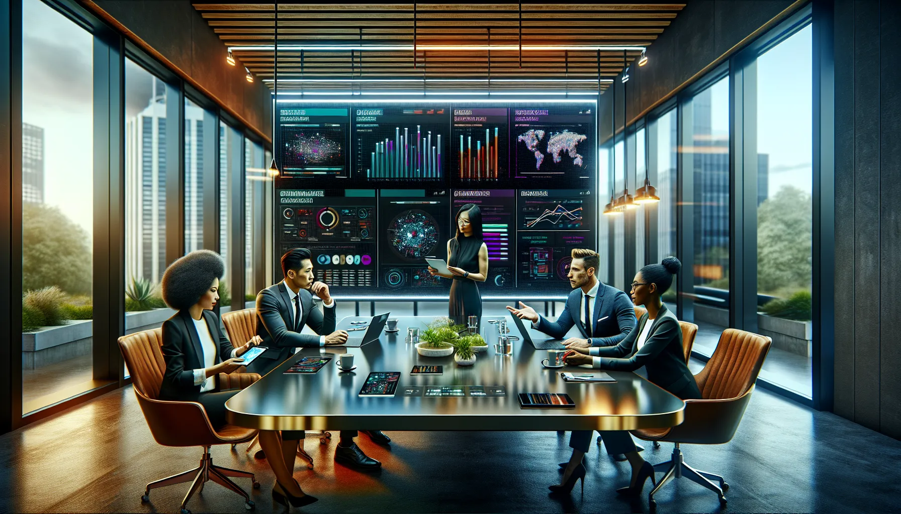 professionals discussing code comparisons in a modern office setting.