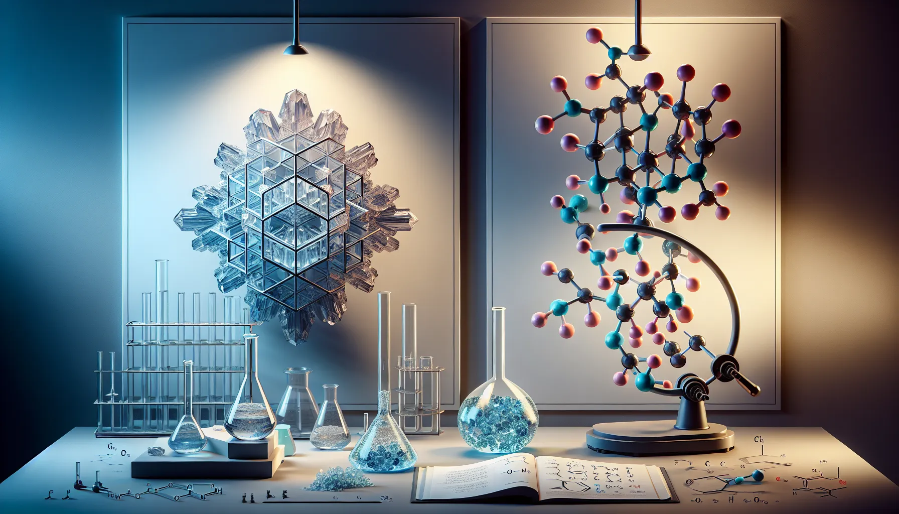 A side-by-side comparison of ionic and covalent bond structures in a scientific setting.