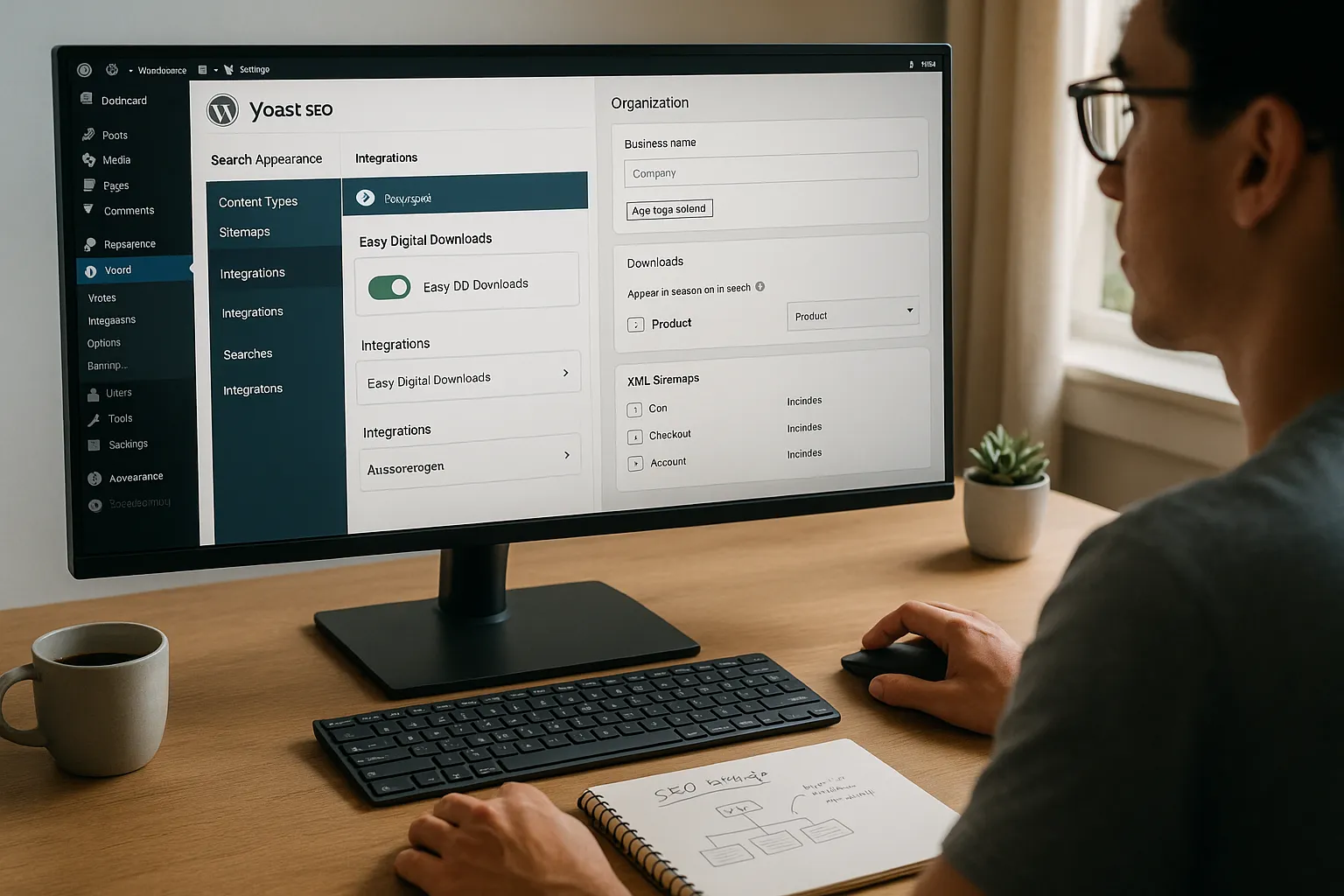 Person configuring Yoast SEO and Easy Digital Downloads settings on a WordPress dashboard.