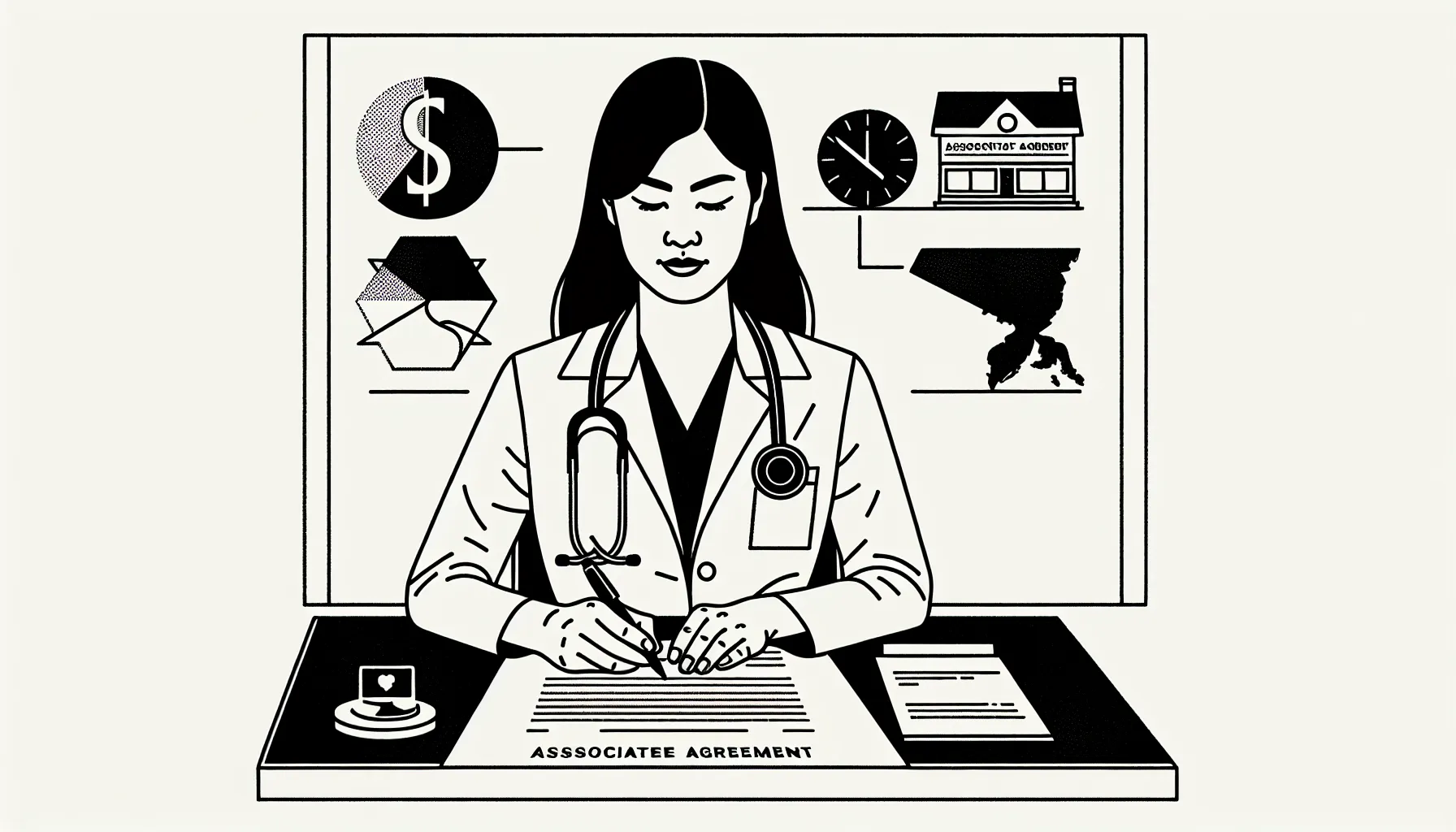 Veterinarian at desk reviewing an associate contract with icons for pay and restrictions of New Jersey Veterinary Contract Review.