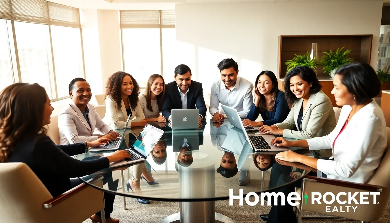 diverse real estate team collaborating in a modern office.