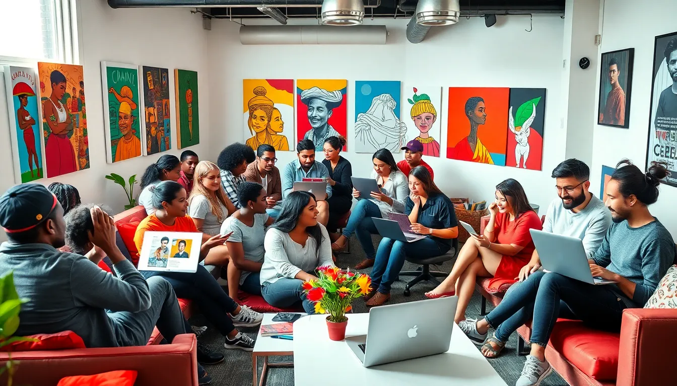 diverse creatives collaborating in a vibrant co-working space.