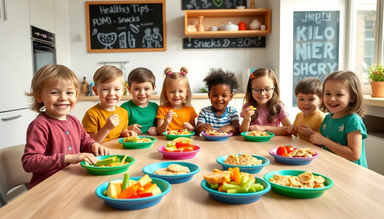 preschoolers enjoying healthy snacks in a bright kitchen setting.