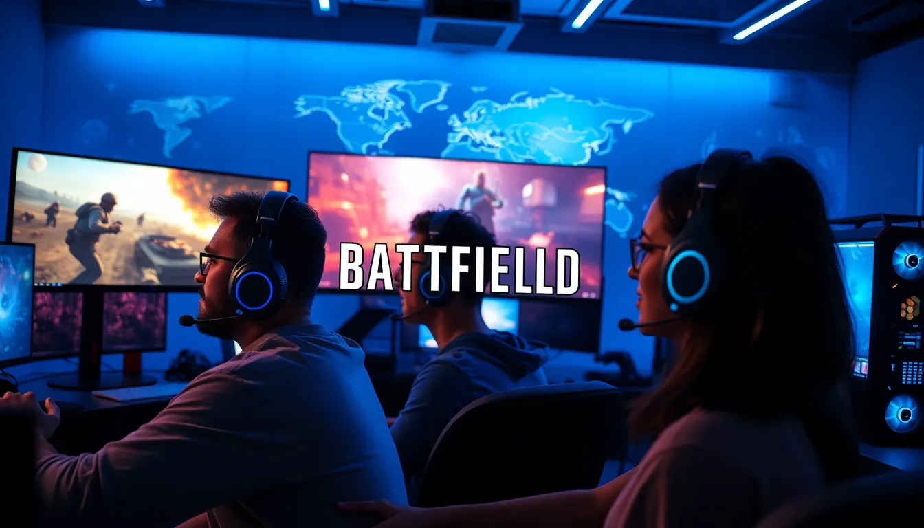 group of gamers focused on Battlefield video game in a modern gaming room.