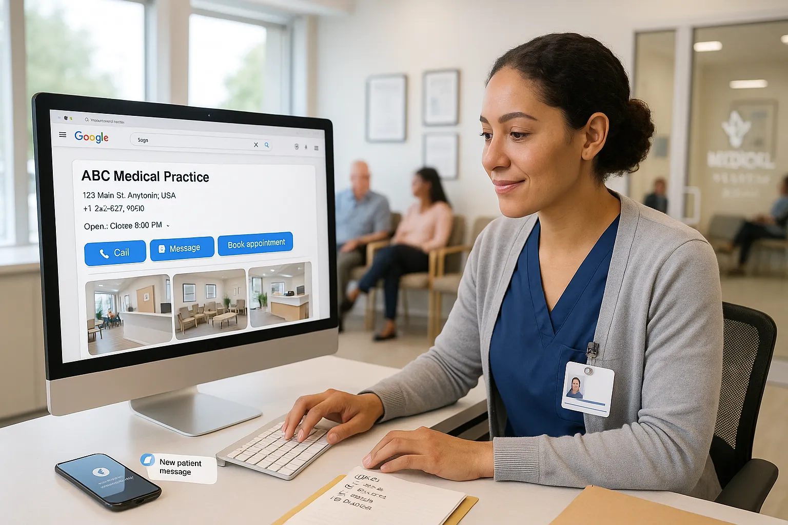 Clinic manager updating a medical practice’s Google Business Profile on a computer.