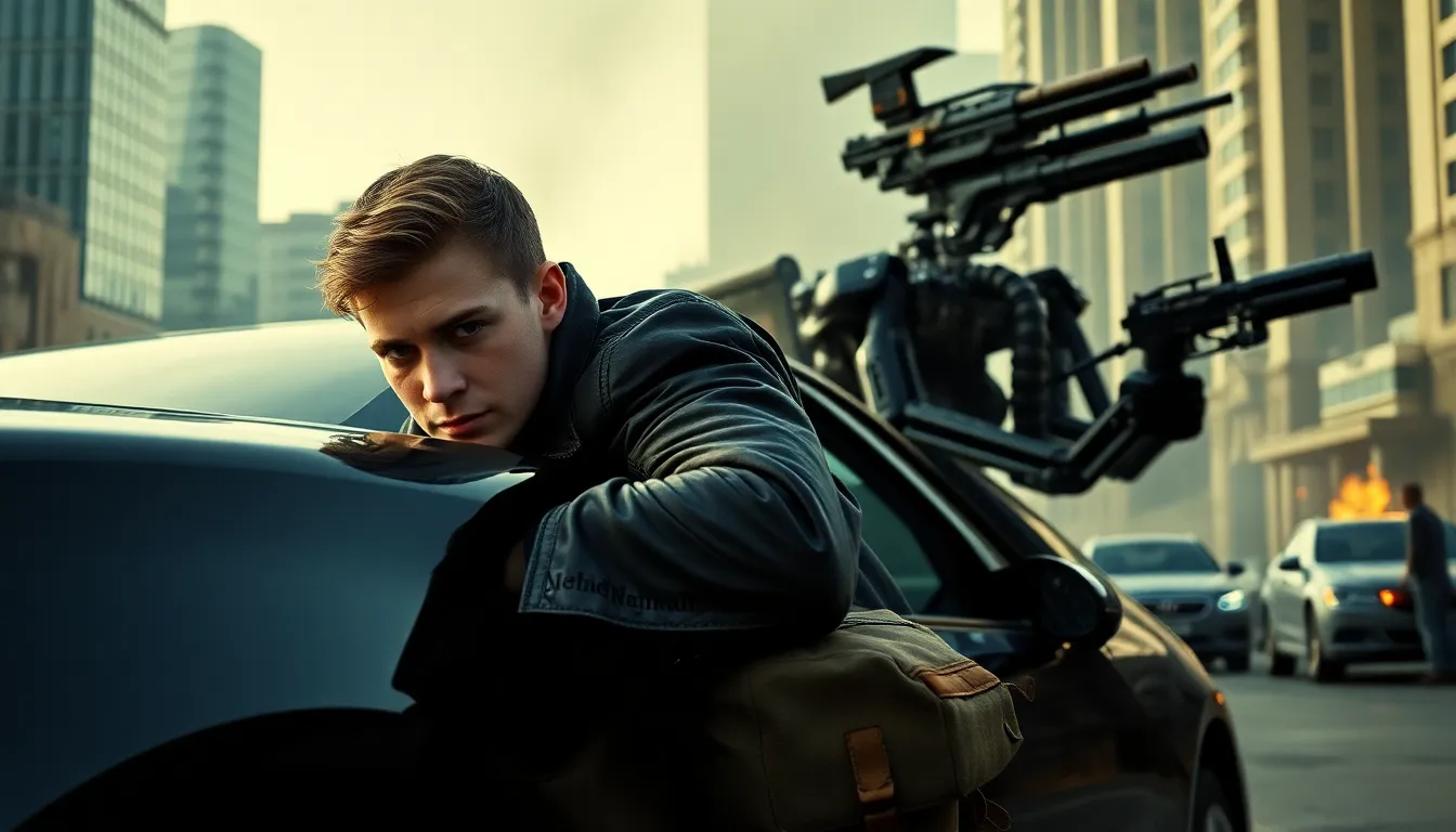 young John Connor behind a car, facing an advanced Terminator in an urban setting.