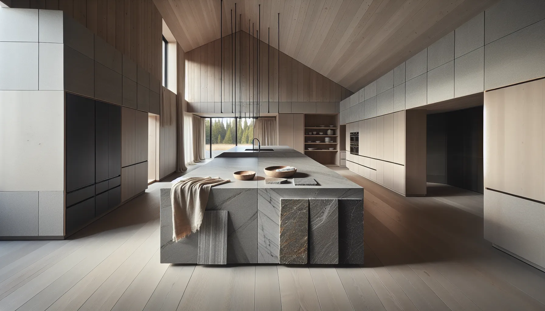 Hvordan bruke stein for å skape et tidløst design 3 Honed quartz kitchen island with stone samples in a nordic home interior.