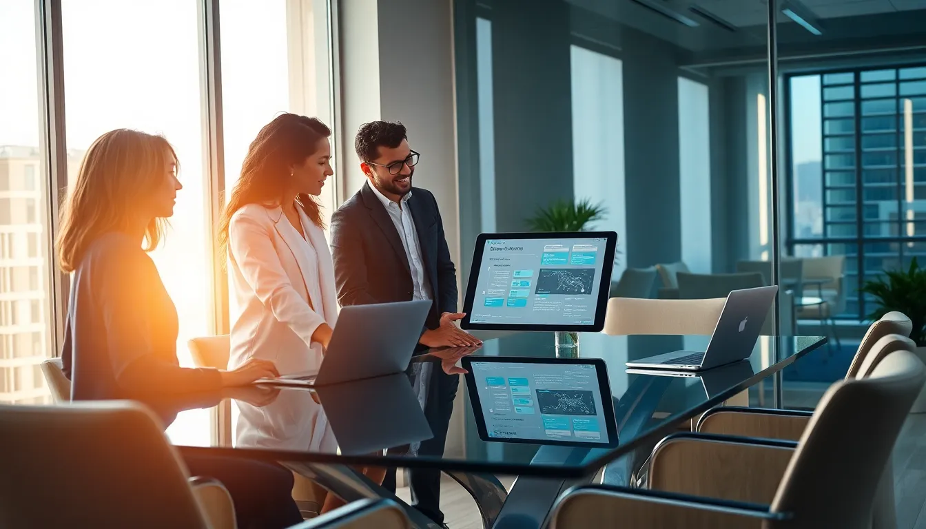 diverse professionals discussing technology in a modern office.