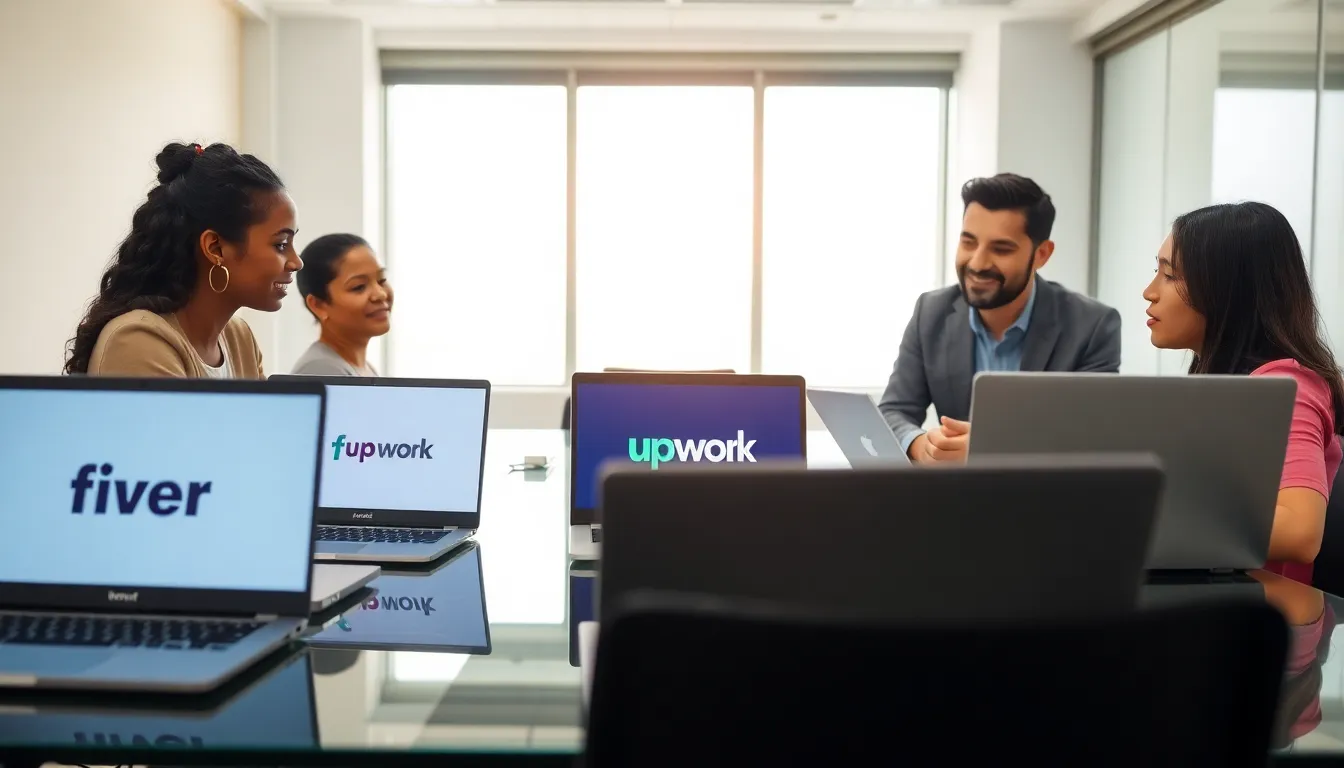 diverse professionals discussing freelancing platforms in a modern office.