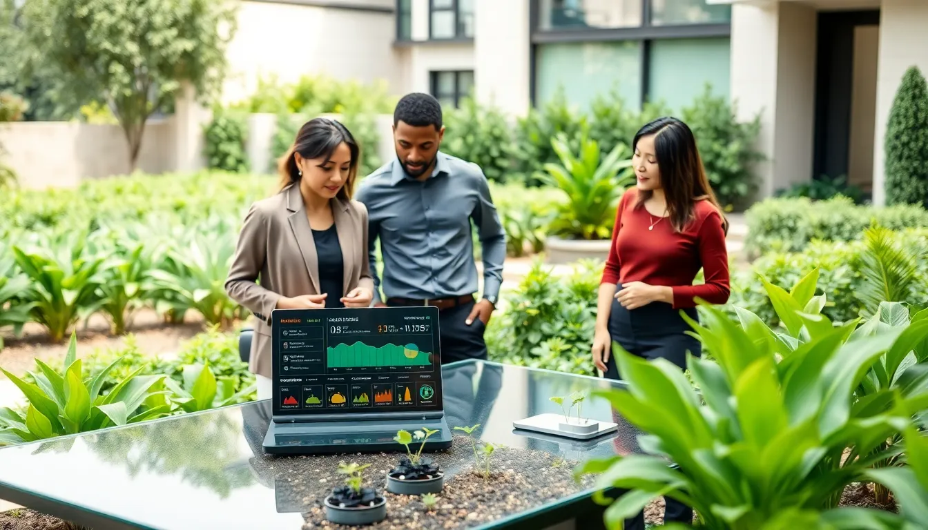 professionals discussing smart irrigation technology in a modern garden setting.