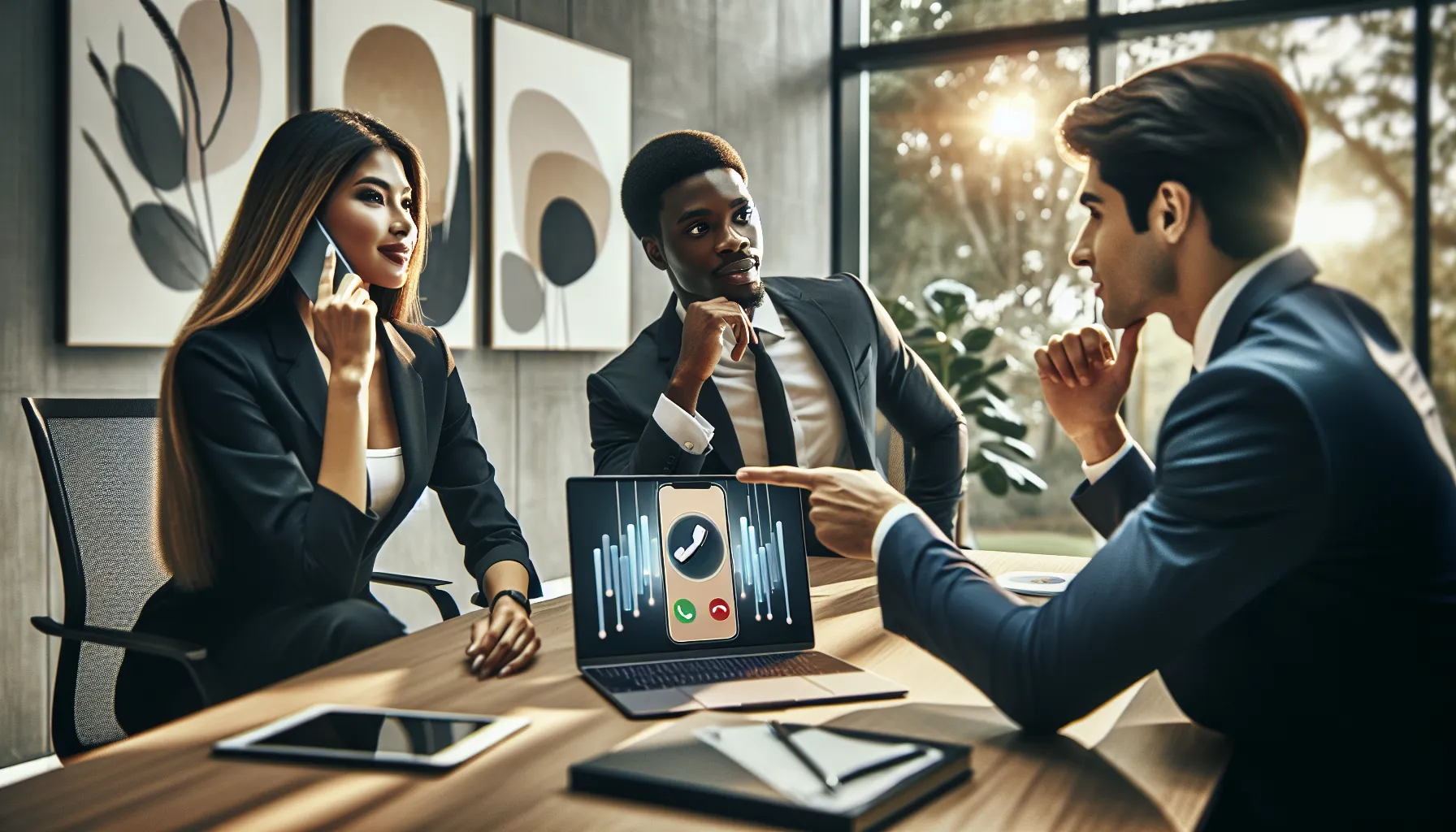 business professionals discussing caller ID technology in a modern office.