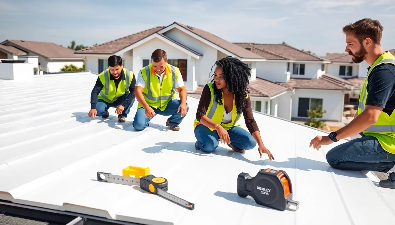 professionals installing vinyl roofing on a modern home.