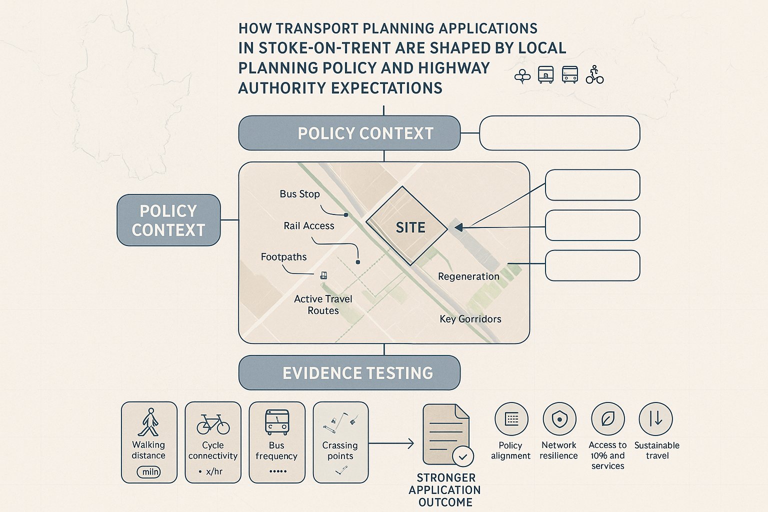 Infographic of policy-led transport planning steps for a Stoke-on-Trent development site.