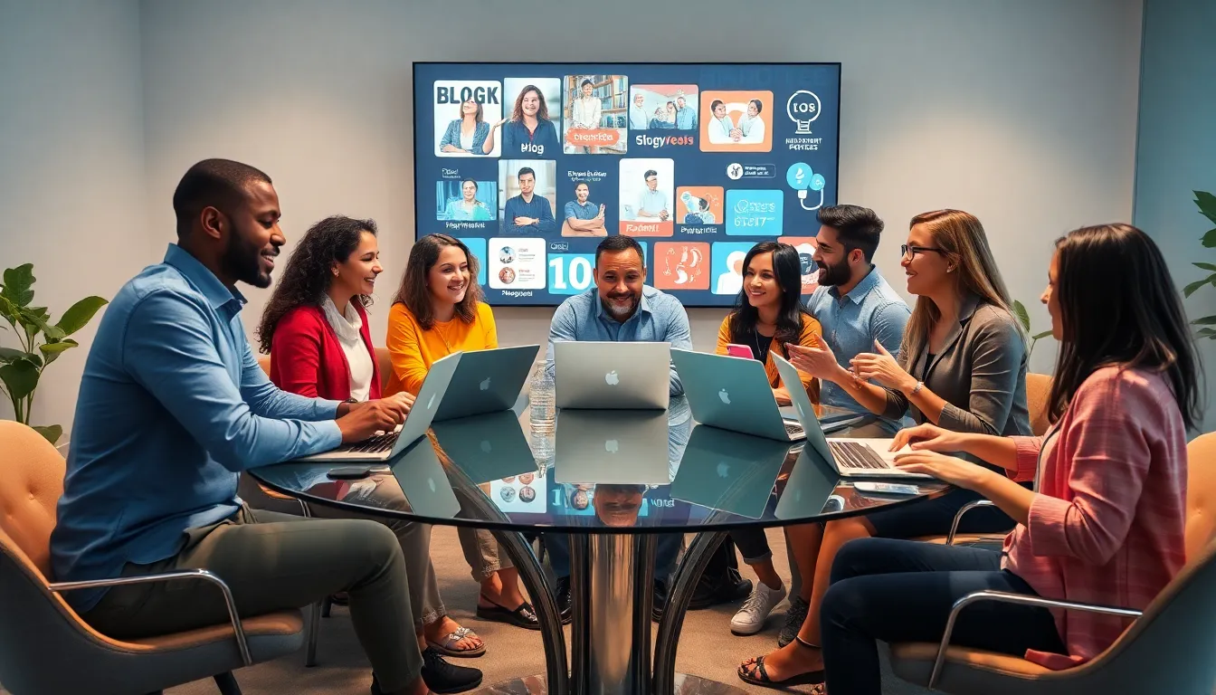 diverse team discussing ideas for internet storytelling in a modern office.