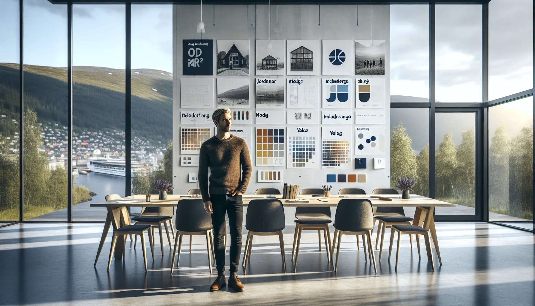 Norwegian team workshop defining brand history and future for a balanced logo design.