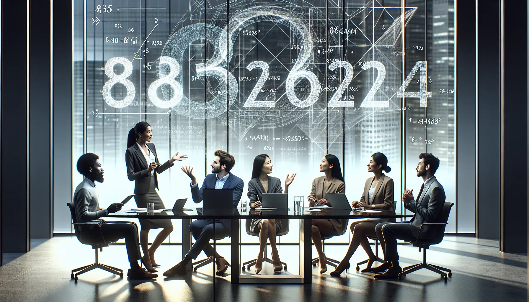 diverse professionals discussing the number 8656224024 in a modern office.