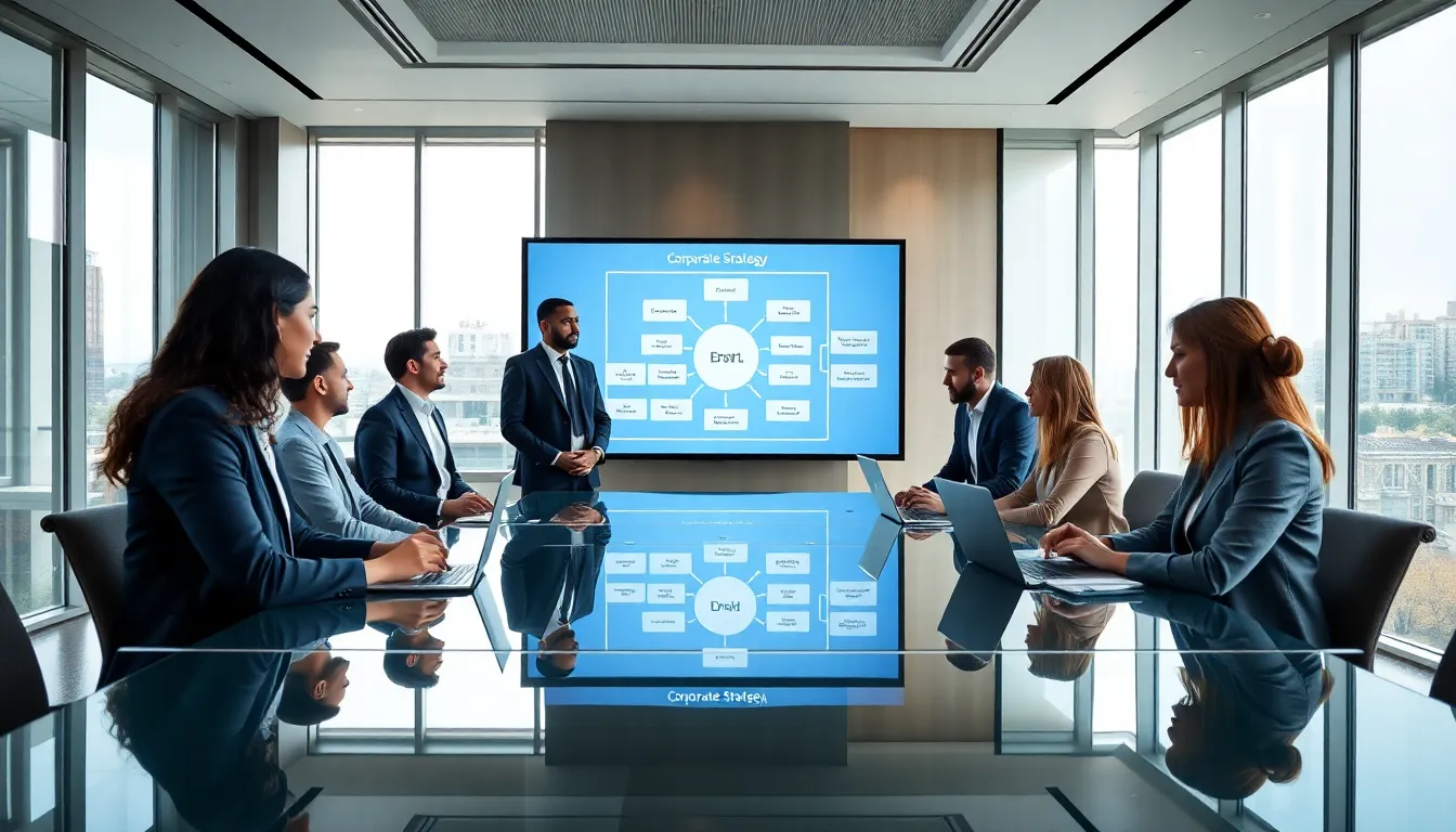 diverse team discussing a corporate strategy in a modern office.