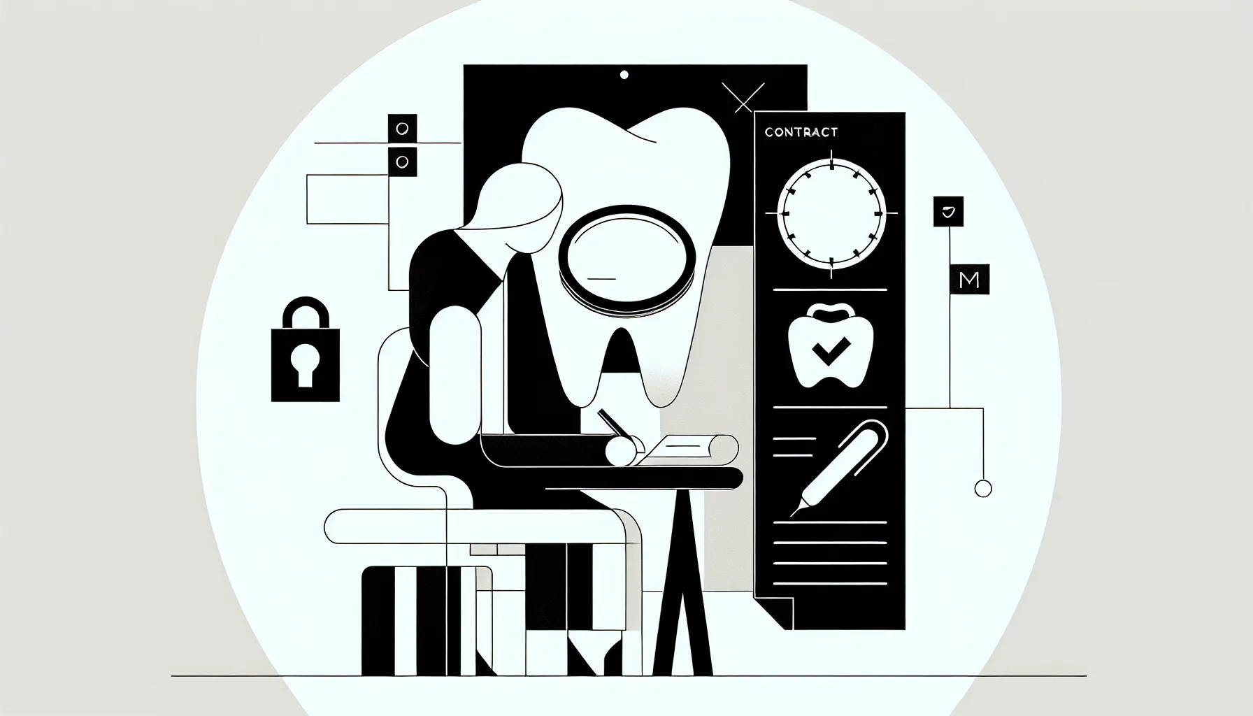 Dentist at desk inspecting a contract with icons for duration, map, and patient list.