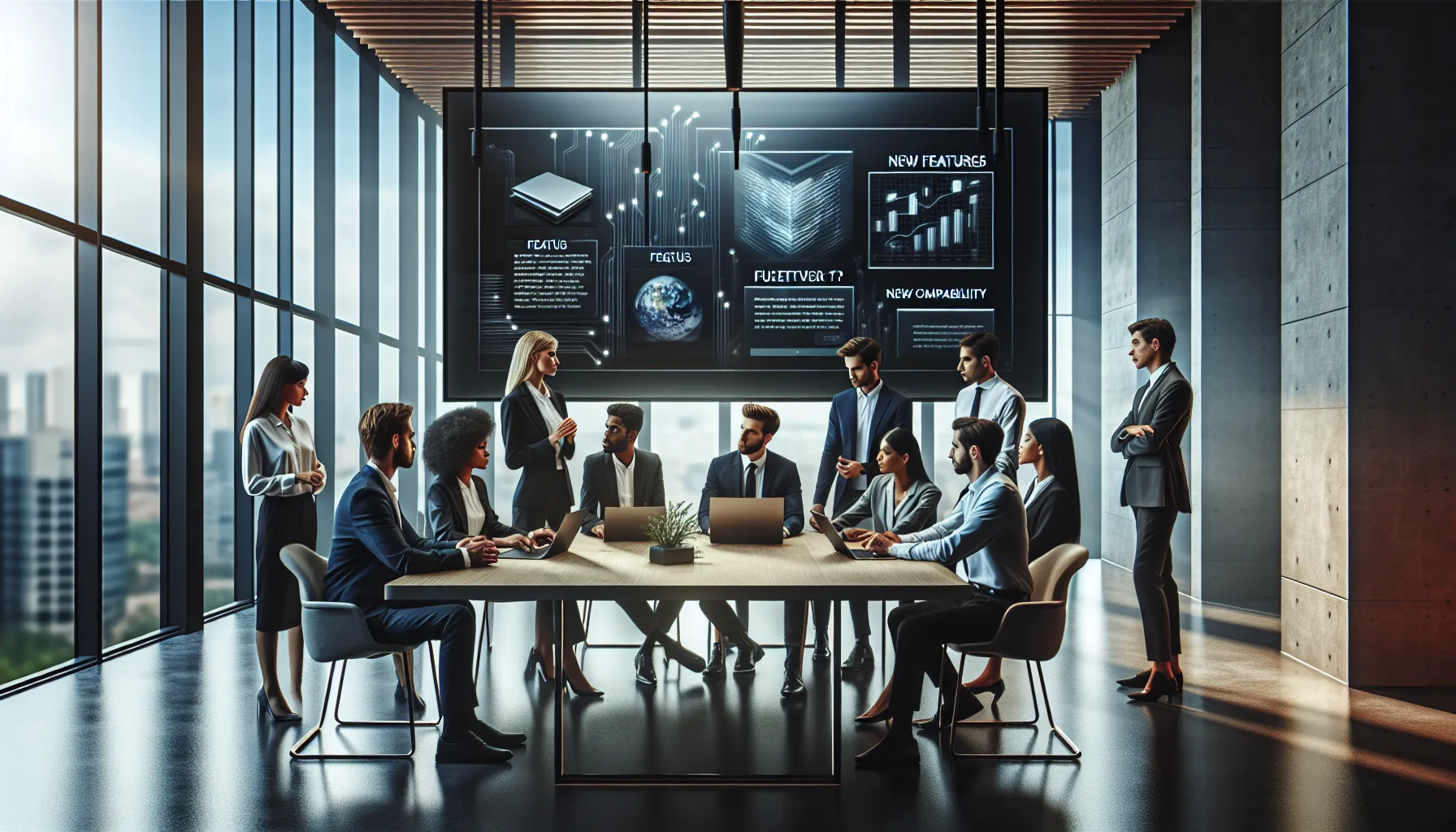 diverse team discussing Shotscribus software upgrade in a modern office.