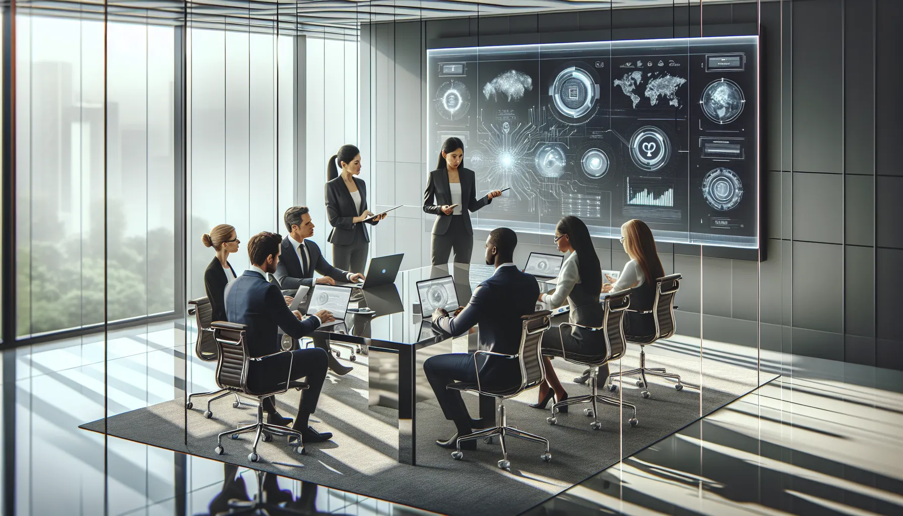 diverse professionals collaborating in a high-tech office environment.