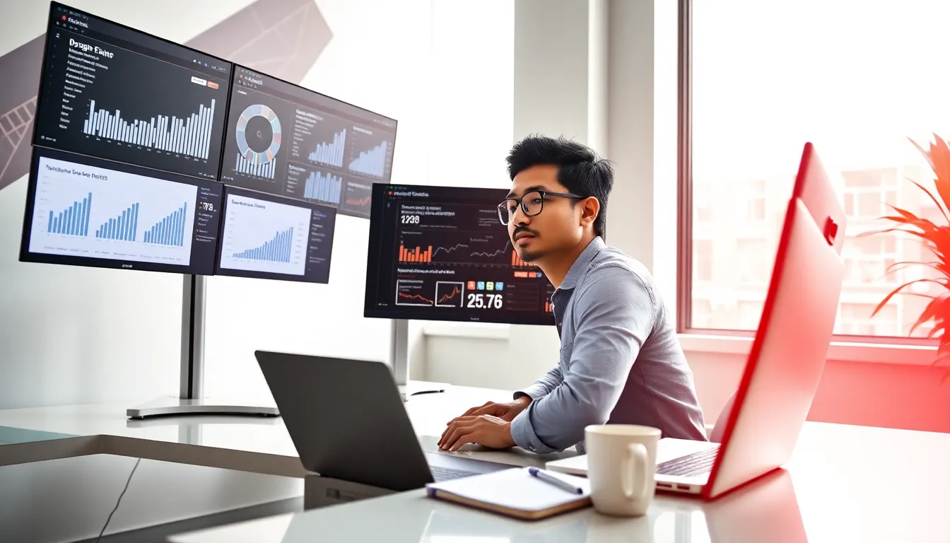 SEO specialist freelancer analyzing metrics in a modern office.