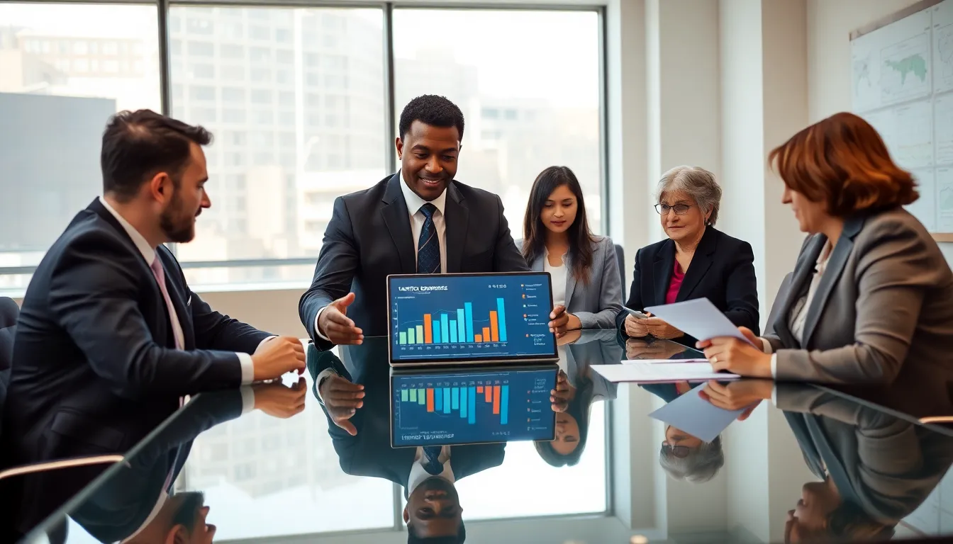 diverse team discussing transportation brokerage services in a modern office.